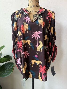 Democracy Black Tropical Leopard Print Blouse with Pink & Teal Accents